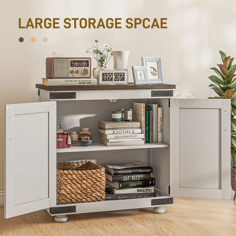 White & Brown Sideboard Buffet Cabinet – Kitchen Storage with Barn Doors & Adjustable Shelves (United States & Canada Delivery Only)