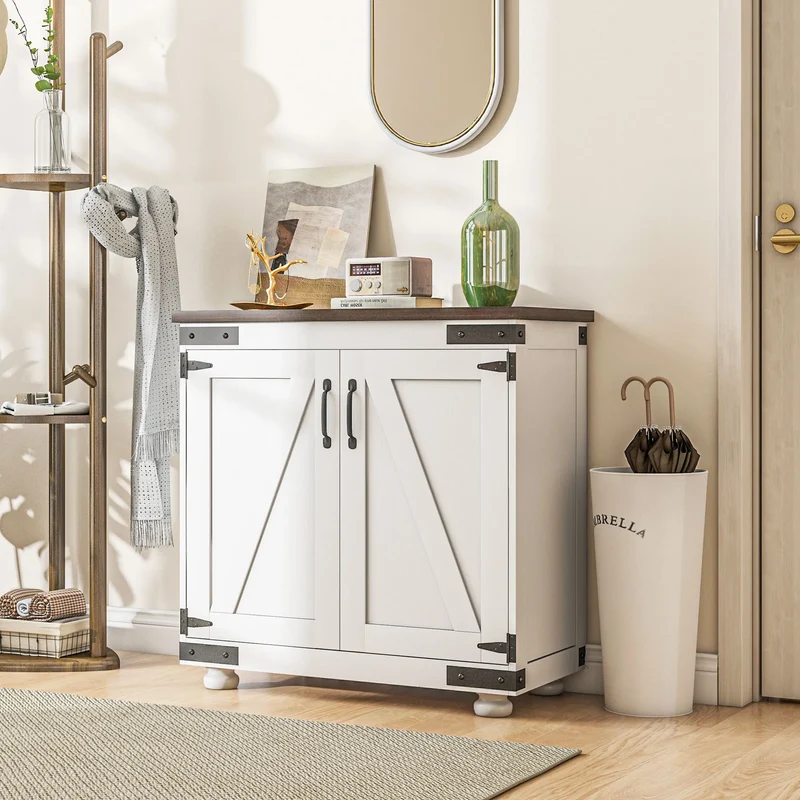 White & Brown Sideboard Buffet Cabinet – Kitchen Storage with Barn Doors & Adjustable Shelves (United States & Canada Delivery Only)