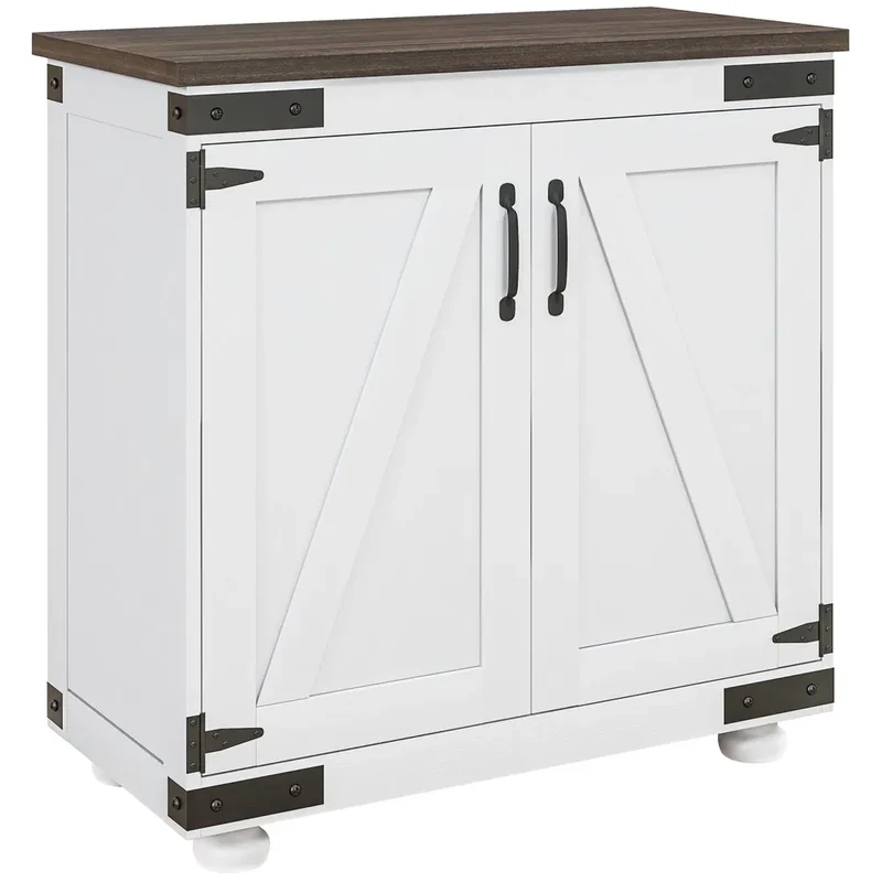 White & Brown Sideboard Buffet Cabinet – Kitchen Storage with Barn Doors & Adjustable Shelves (United States & Canada Delivery Only)