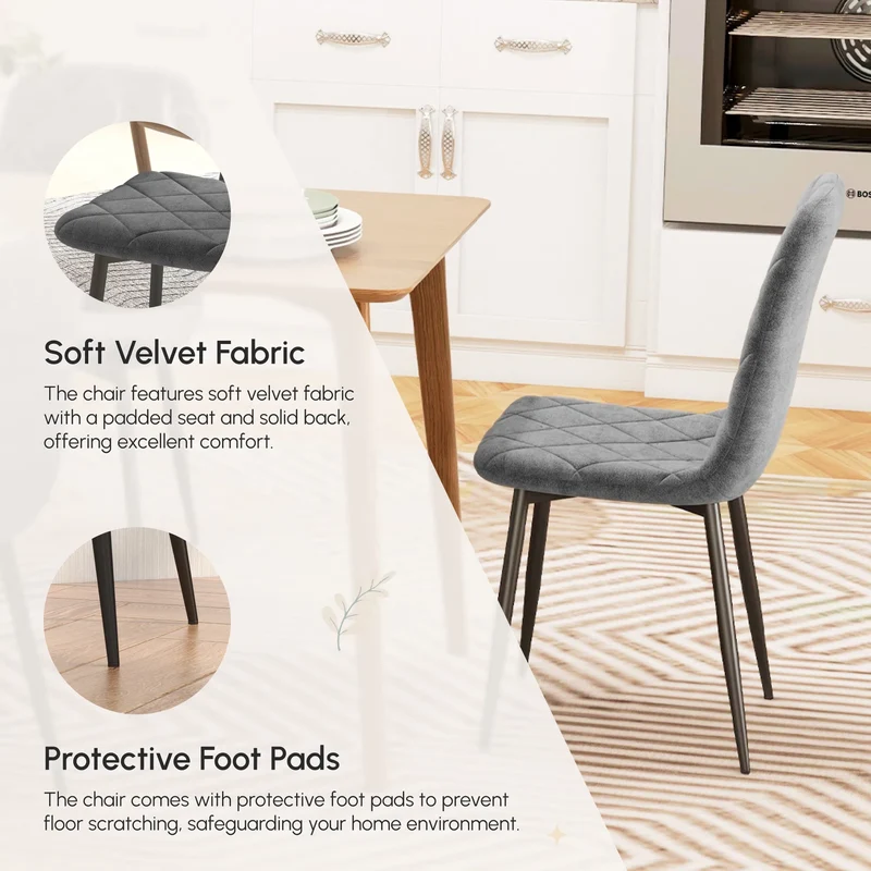 Set of 4 Grey Upholstered Dining Chairs – Modern Kitchen & Dining Room Chairs with Steel Legs (United States & Canada Delivery Only)