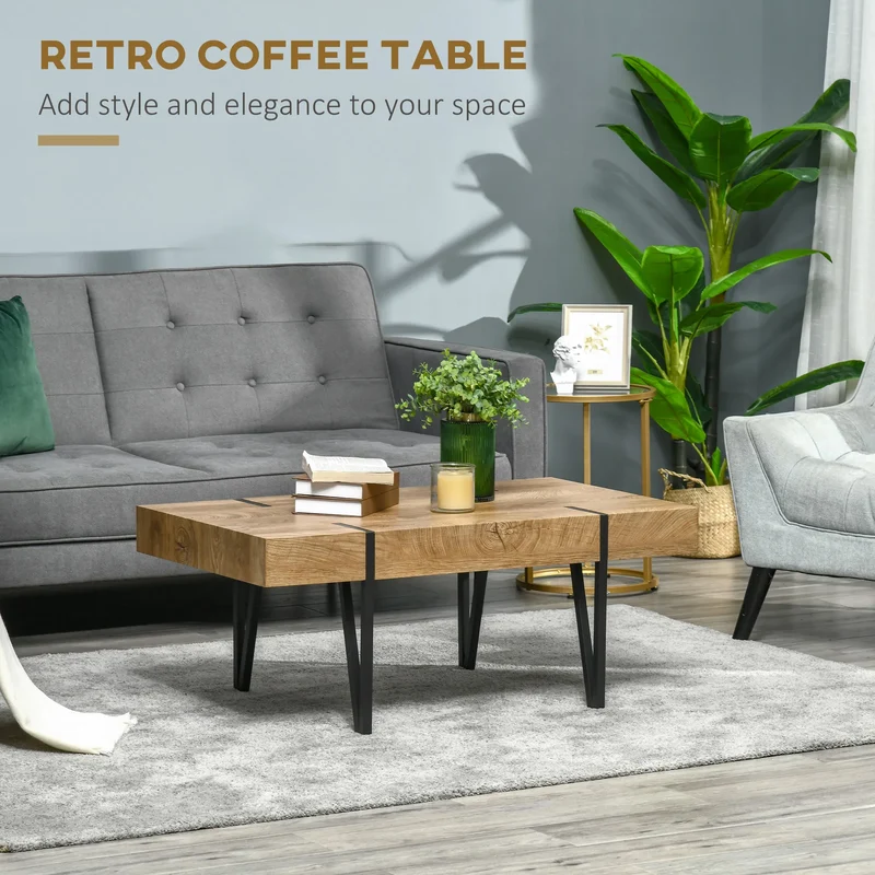 Rustic Rectangular Coffee Table – Natural Wood Center Table with Steel Hairpin Legs (United States & Canada Delivery Only)