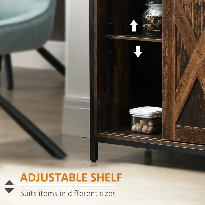 Industrial Rustic Brown Buffet Cabinet – Kitchen Sideboard with Sliding Barn Doors, 3 Drawers & Adjustable Shelves (United States & Canada Delivery Only)