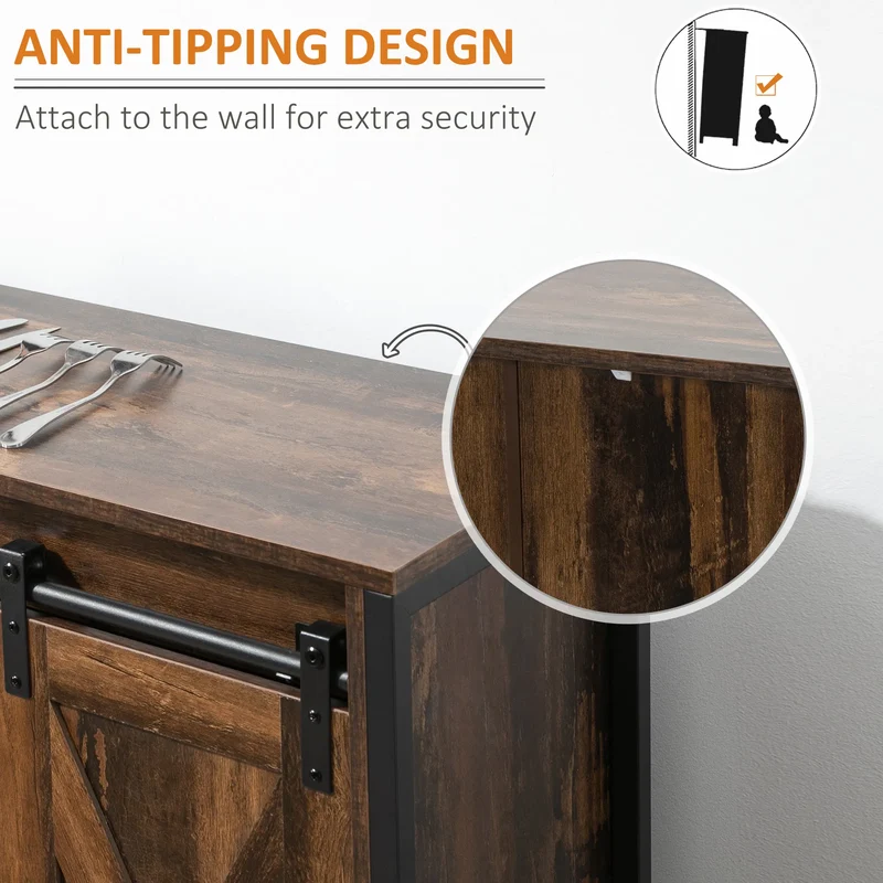 Industrial Rustic Brown Buffet Cabinet – Kitchen Sideboard with Sliding Barn Doors, 3 Drawers & Adjustable Shelves (United States & Canada Delivery Only)