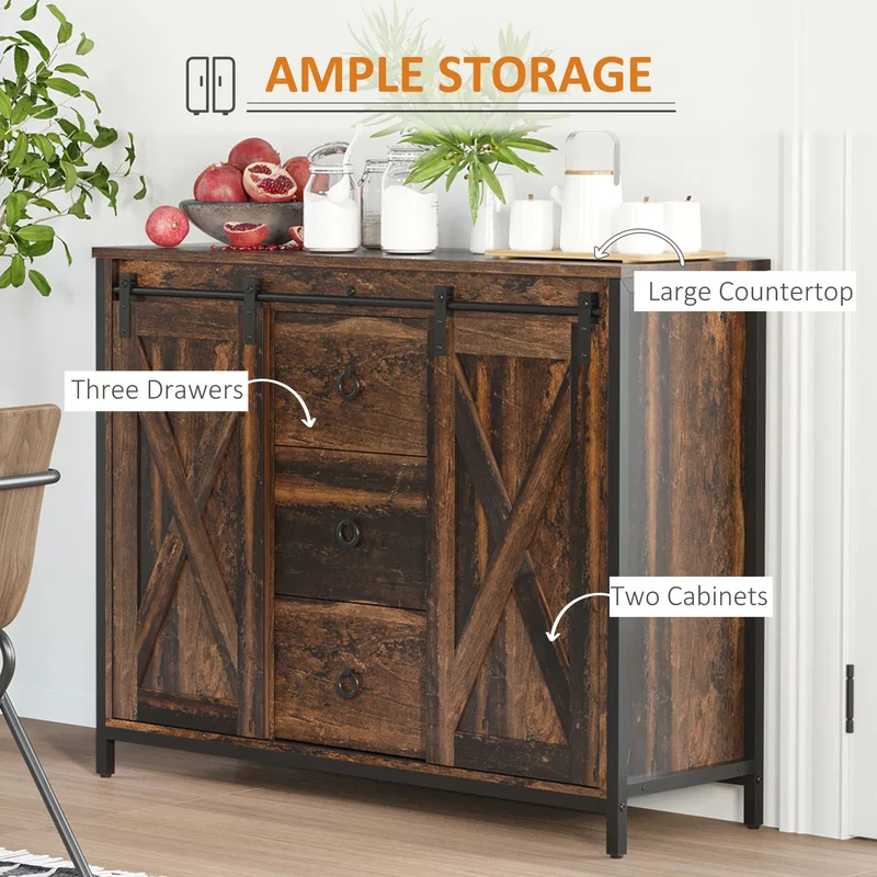 Industrial Rustic Brown Buffet Cabinet – Kitchen Sideboard with Sliding Barn Doors, 3 Drawers & Adjustable Shelves (United States & Canada Delivery Only)
