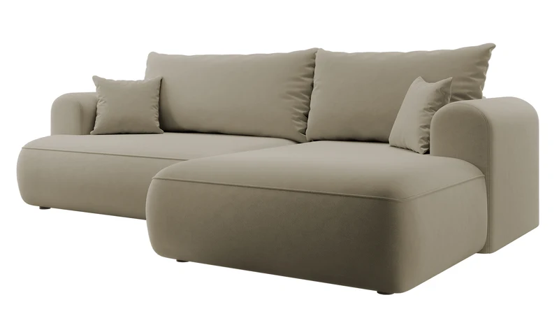 Ecksofa mit Schlaffunktion Ovo, L-förmig, beige Samt, mit Stauraum, aus leicht zu reinigendem Stoff, rechtsseitig