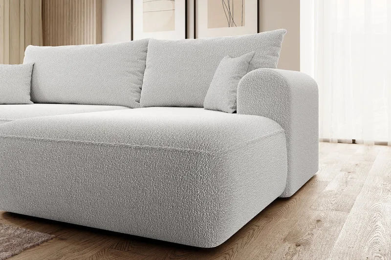 Ecksofa mit Schlaffunktion Ovo, L-förmig, grau, mit Stauraum, Bouclé, rechtsseitig