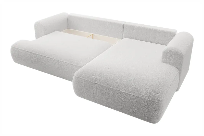 Ecksofa mit Schlaffunktion Ovo, L-förmig, grau, mit Stauraum, Bouclé, rechtsseitig