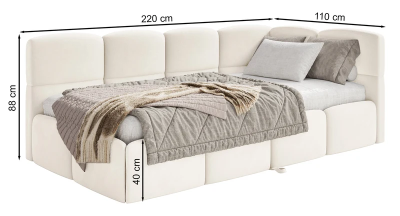 Jugendbett 90x200 cm Cloudy, rechtsseitig ausziehbar, mit Matratzen, braunes Bouclé