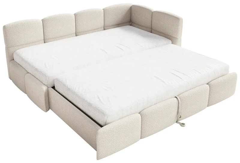 Jugendbett 90x200 cm Cloudy, rechtsseitig ausziehbar, mit Matratzen, hellbeige Bouclé