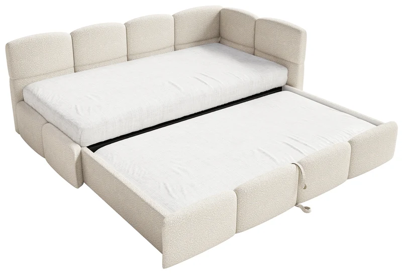 Jugendbett 90x200 cm Cloudy, rechtsseitig ausziehbar, mit Matratzen, hellbeige Bouclé