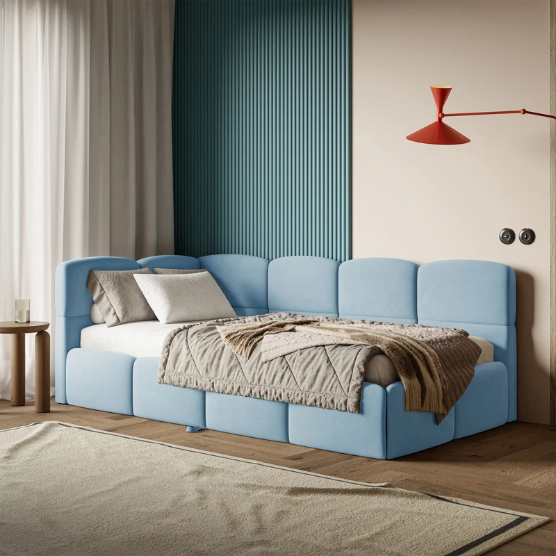 Jugendbett 90x200 cm Cloudy, ausziehbar, linksseitig, mit Matratzen, hellblauer Velours, wasserabweisend und pflegeleicht