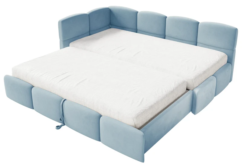 Jugendbett 90x200 cm Cloudy, ausziehbar, linksseitig, mit Matratzen, hellblauer Velours, wasserabweisend und pflegeleicht
