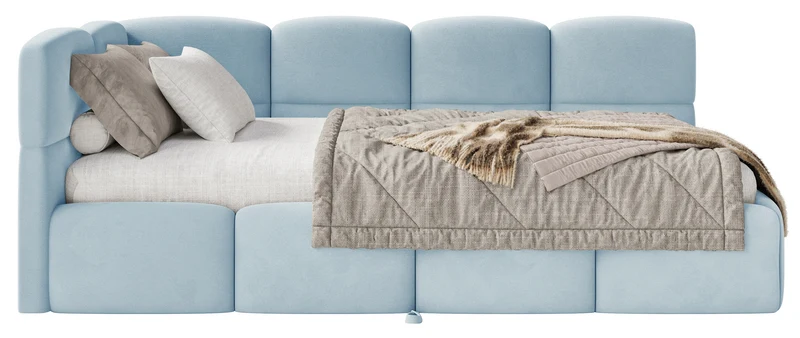 Jugendbett 90x200 cm Cloudy, ausziehbar, linksseitig, mit Matratzen, hellblauer Velours, wasserabweisend und pflegeleicht