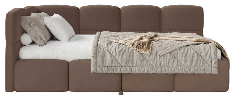 Jugendbett 90x200 cm Cloudy, ausziehbar, linksseitig, mit Matratzen, brauner Velours, wasserabweisend und pflegeleicht