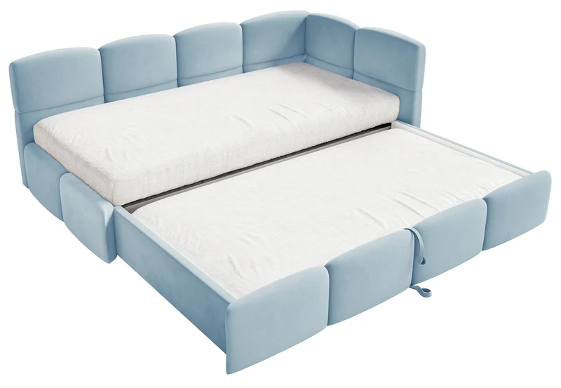 Jugendbett 90x200 cm Cloudy, rechts ausziehbar, mit Matratzen, hellblauer Velours, wasserabweisend und pflegeleicht