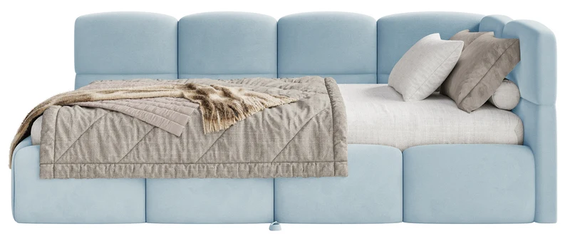 Jugendbett 90x200 cm Cloudy, rechts ausziehbar, mit Matratzen, hellblauer Velours, wasserabweisend und pflegeleicht