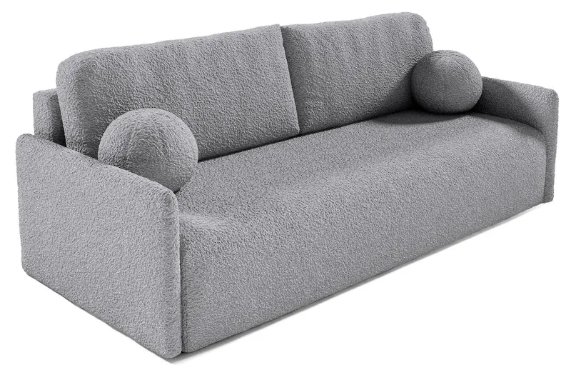 Ausklappbare Glove-Sofa mit Stauraum für Bettwäsche, grauer Bouclé-Stoff