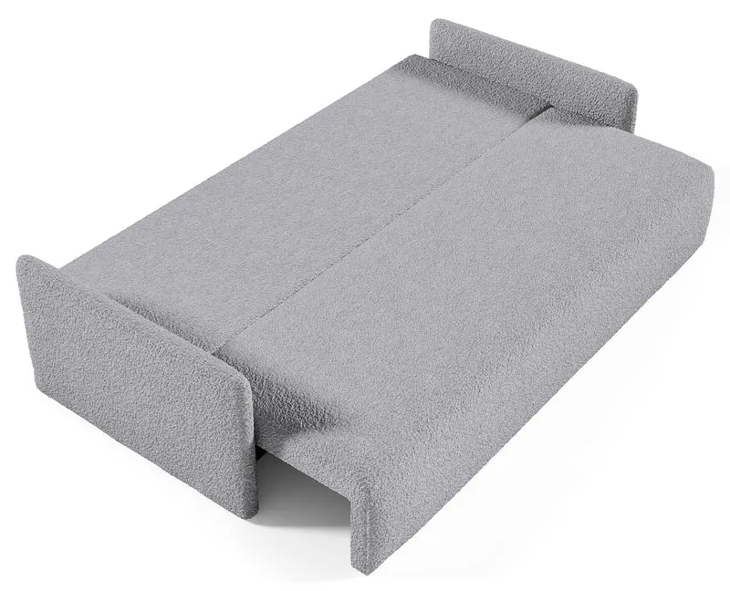 Ausklappbare Glove-Sofa mit Stauraum für Bettwäsche, grauer Bouclé-Stoff