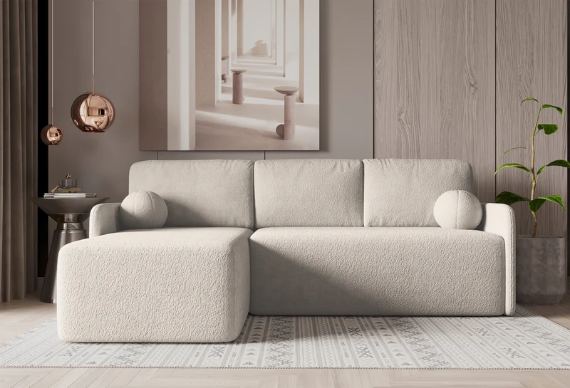Ecksofa mit Schlaffunktion Bloom, L-förmig, mit Stauraum, beige Bouclé, universell einsetzbar