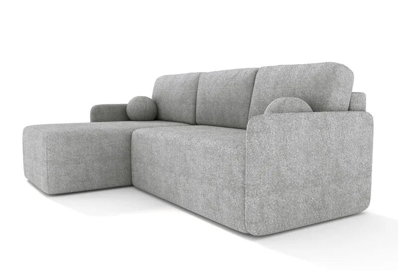 Ecksofa mit Schlaffunktion Bloom, L-förmig, mit Stauraum, grauer Bouclé, universell einsetzbar