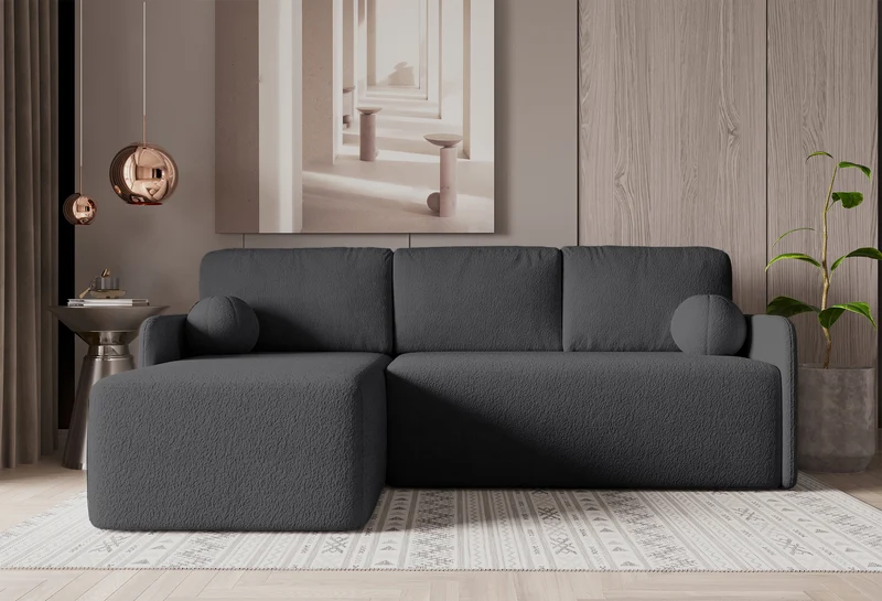 Ecksofa mit Schlaffunktion Bloom, L-förmig, mit Stauraum, grafitfarbenes Bouclé, universell einsetzbar