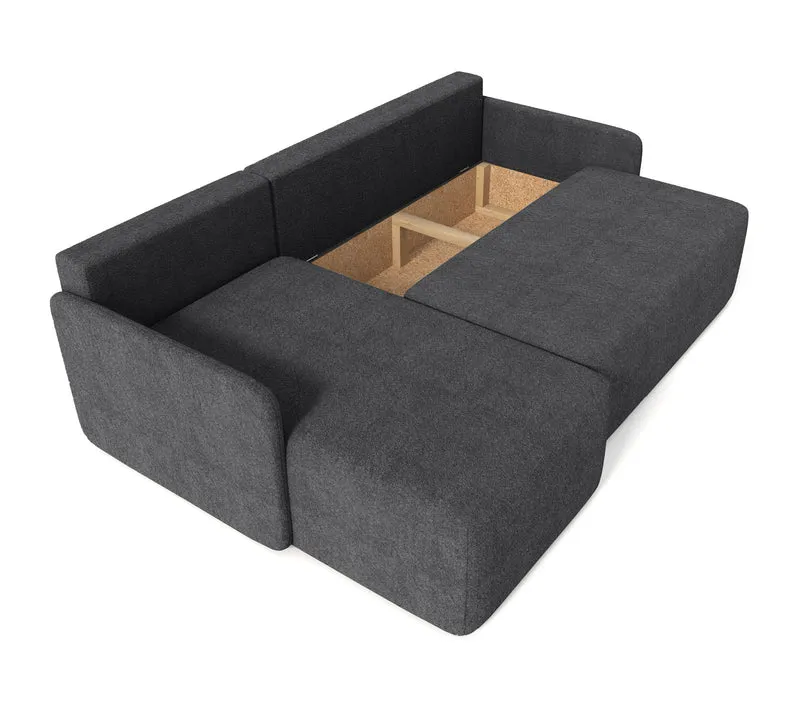 Ecksofa mit Schlaffunktion Bloom, L-förmig, mit Stauraum, grafitfarbenes Bouclé, universell einsetzbar