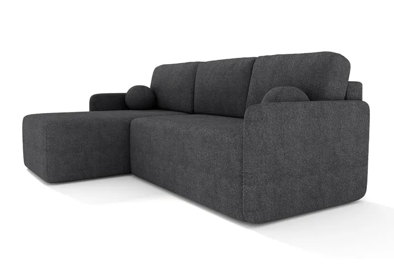 Ecksofa mit Schlaffunktion Bloom, L-förmig, mit Stauraum, grafitfarbenes Bouclé, universell einsetzbar