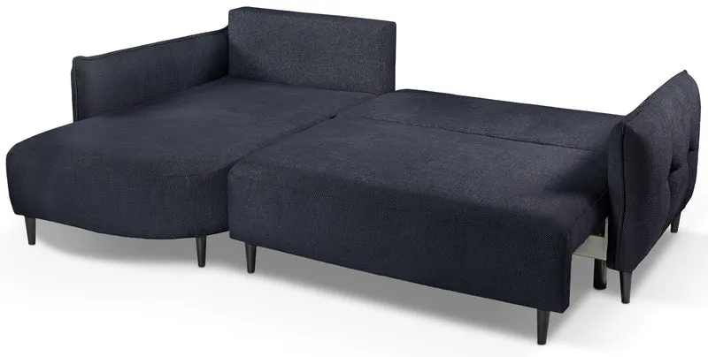 Ecksofa mit Schlaffunktion Oblivio Mini, L-förmig, linksseitig, mit Stauraum, marineblaue Flechtoptik