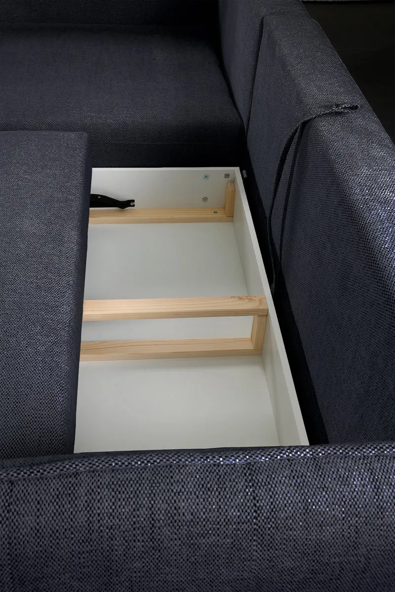 Ecksofa mit Schlaffunktion Oblivio Mini, L-förmig, linksseitig, mit Stauraum, marineblaue Flechtoptik
