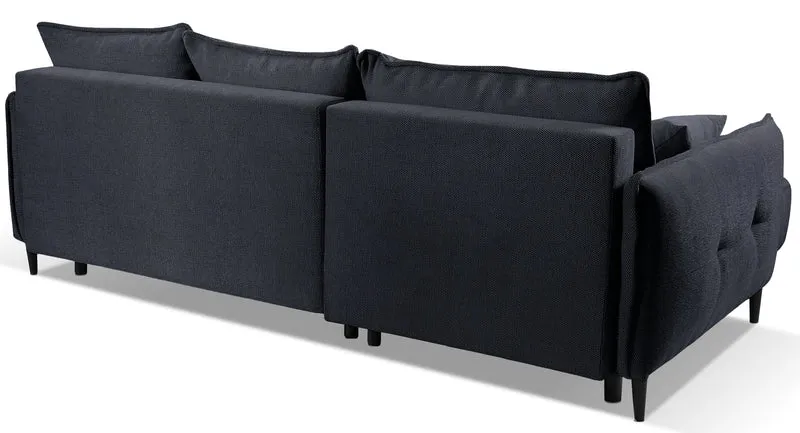 Ecksofa mit Schlaffunktion Oblivio Mini, L-förmig, linksseitig, mit Stauraum, marineblaue Flechtoptik