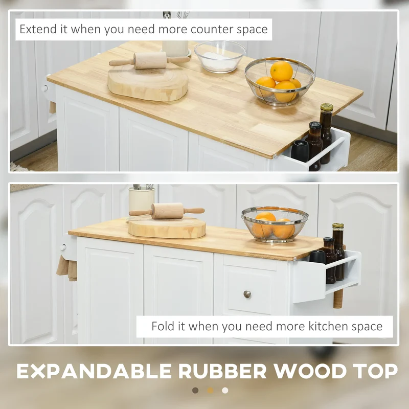 Rolling Kitchen Island Cart with Drop Leaf – 3 Drawers, Cabinet, Spice Rack & Towel Rack (United States & Canada Delivery Only)