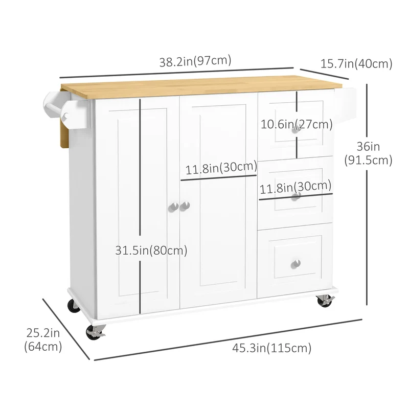 Rolling Kitchen Island Cart with Drop Leaf – 3 Drawers, Cabinet, Spice Rack & Towel Rack (United States & Canada Delivery Only)