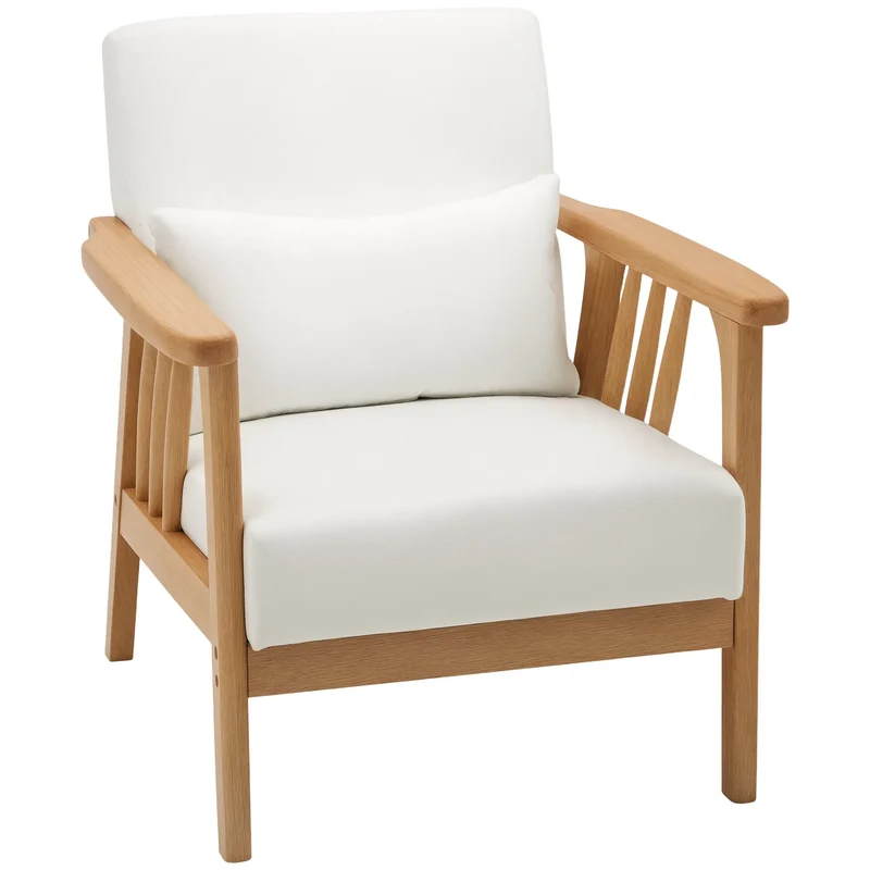 White Upholstered Armchair – Comfortable Lounge Chair with Rubber Wood Frame & Throw Pillows (United States & Canada Delivery Only)