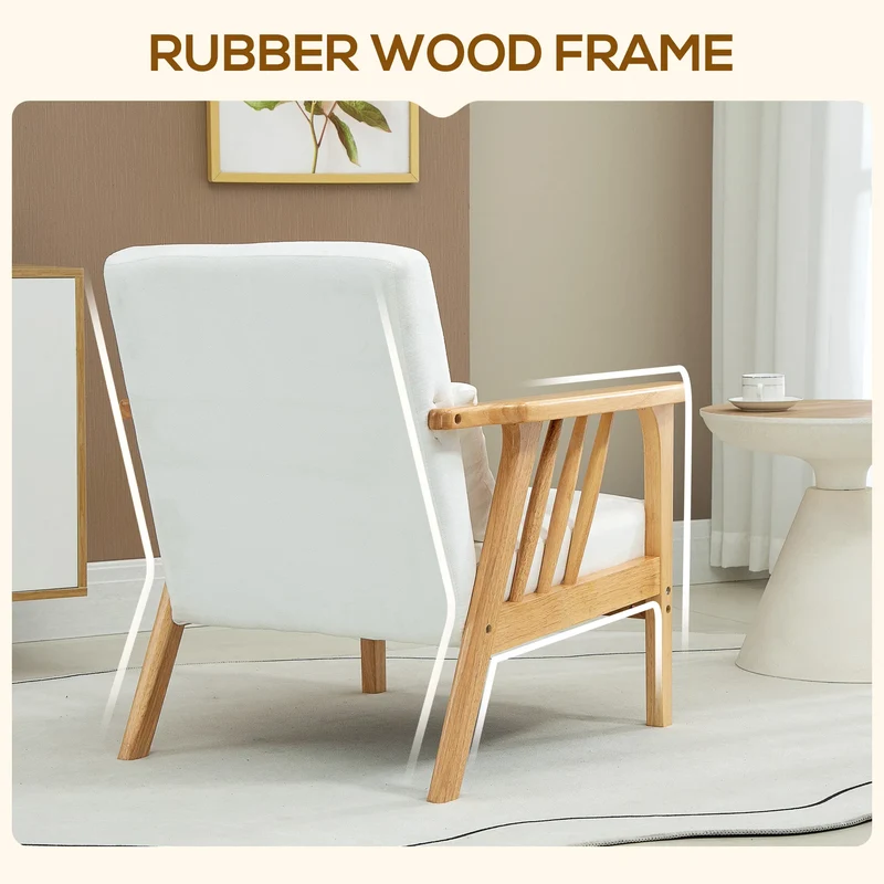 White Upholstered Armchair – Comfortable Lounge Chair with Rubber Wood Frame & Throw Pillows (United States & Canada Delivery Only)