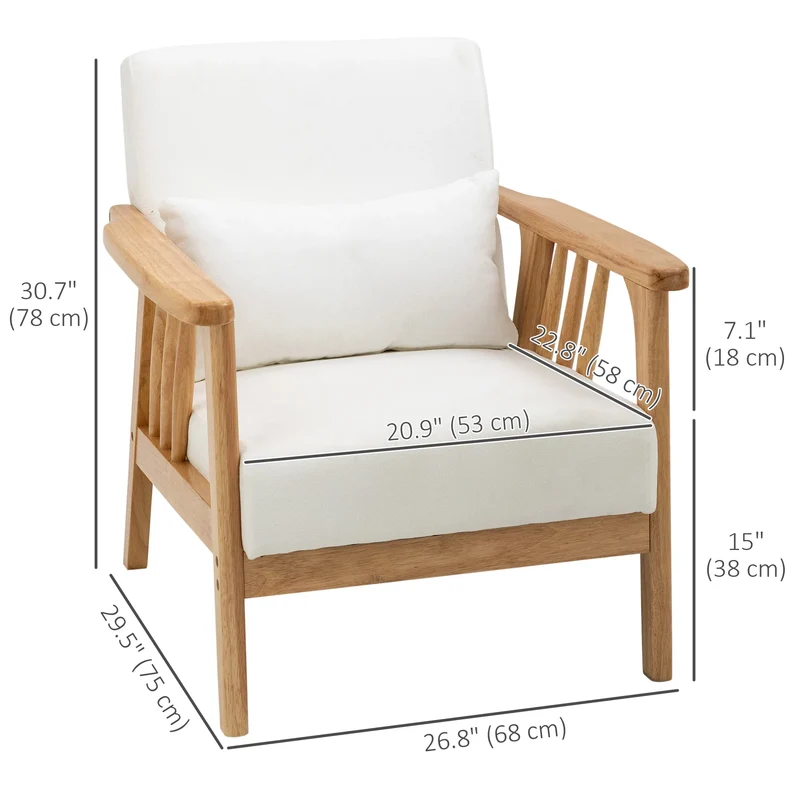 White Upholstered Armchair – Comfortable Lounge Chair with Rubber Wood Frame & Throw Pillows (United States & Canada Delivery Only)