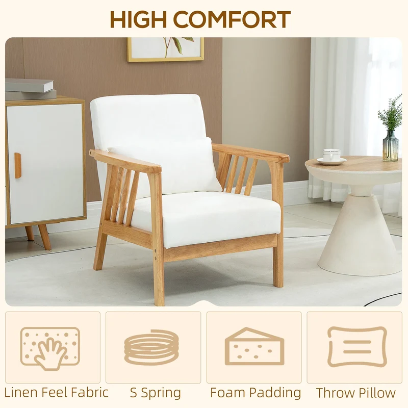 White Upholstered Armchair – Comfortable Lounge Chair with Rubber Wood Frame & Throw Pillows (United States & Canada Delivery Only)