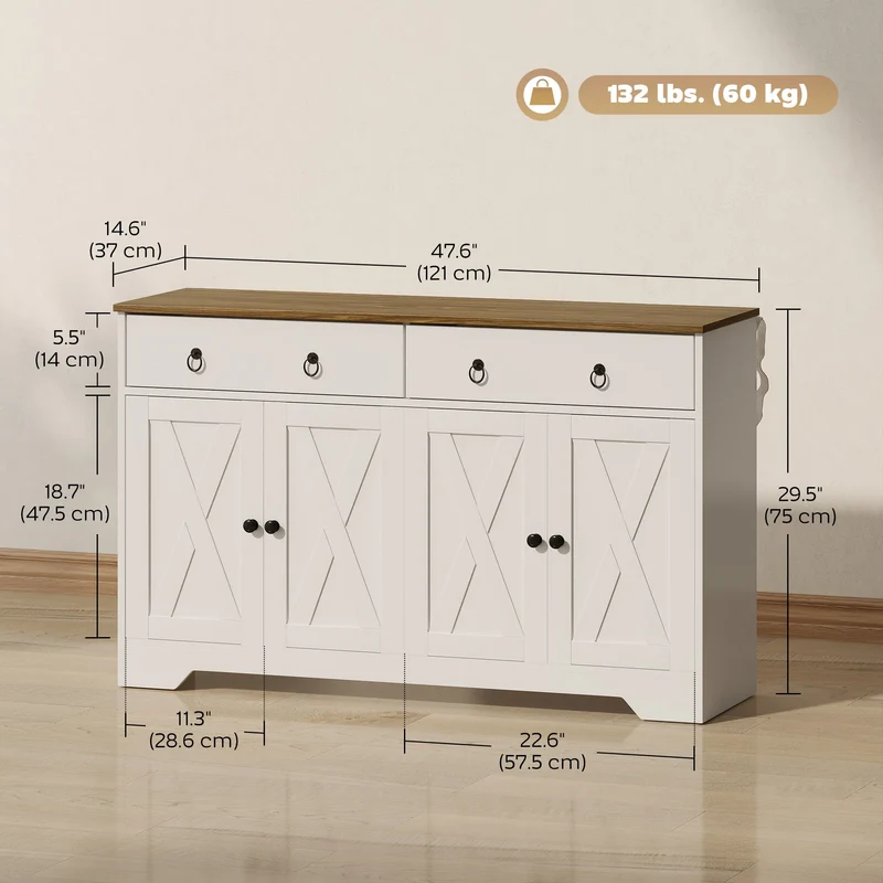 White Kitchen Sideboard Cabinet – 2 Drawers, 4 Barn Doors & Adjustable Shelves (United States & Canada Delivery Only)