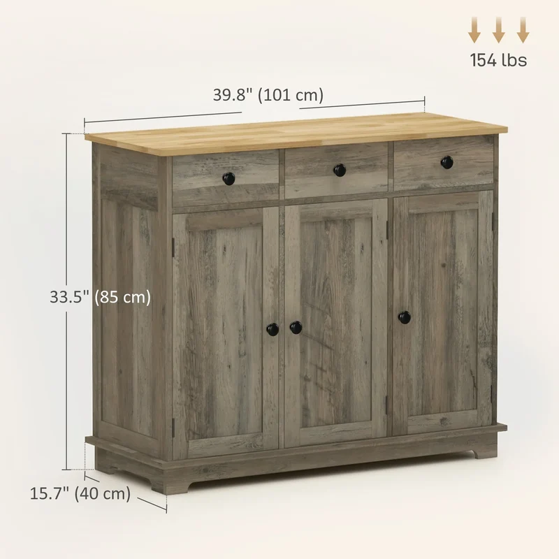 Modern Washed Grey Sideboard Buffet Cabinet – Storage Cabinets, Drawers & Adjustable Shelves (United States & Canada Delivery Only)