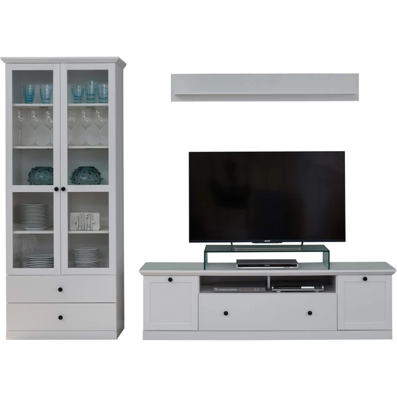 Wohnwand in Wei? mit Vitrine, TV-Lowboard und Wandboard, 273 ¡Á 1