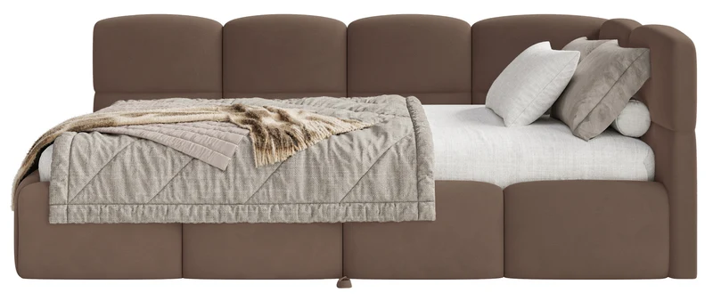 Jugendbett 90x200 cm Cloudy, rechtsseitig ausziehbar, mit Matratzen, brauner Velours, wasserabweisend und pflegeleicht