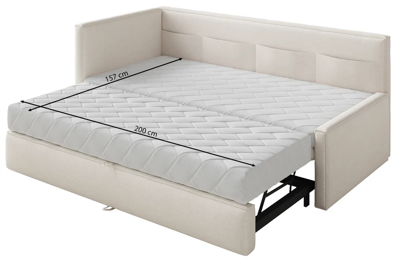 Jugendbett 90x200 cm Nesmi, ausziehbar, linksseitig, mit Matratzen, blaue Chenille, pflegeleicht