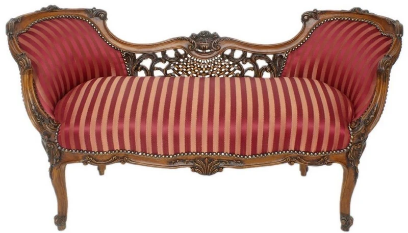 Casa Padrino Barock Sitzbank Bordeauxrot / Beige / Braun 150 x 55 x H. 80 cm - Prunkvolle gestreifte Massivholz Bank - Barock Wohnzimmer Möbel