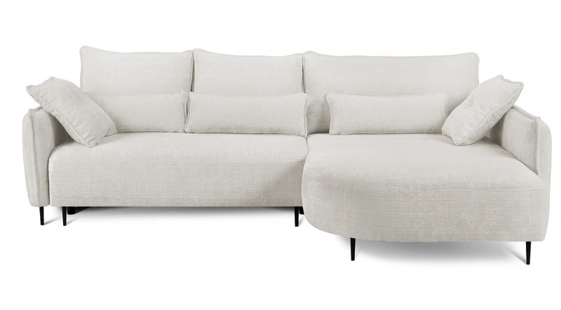 Ecksofa Oblivio mit Schlaffunktion, L-förmig, mit Stauraum, cremefarbener Chenille, rechtsseitig
