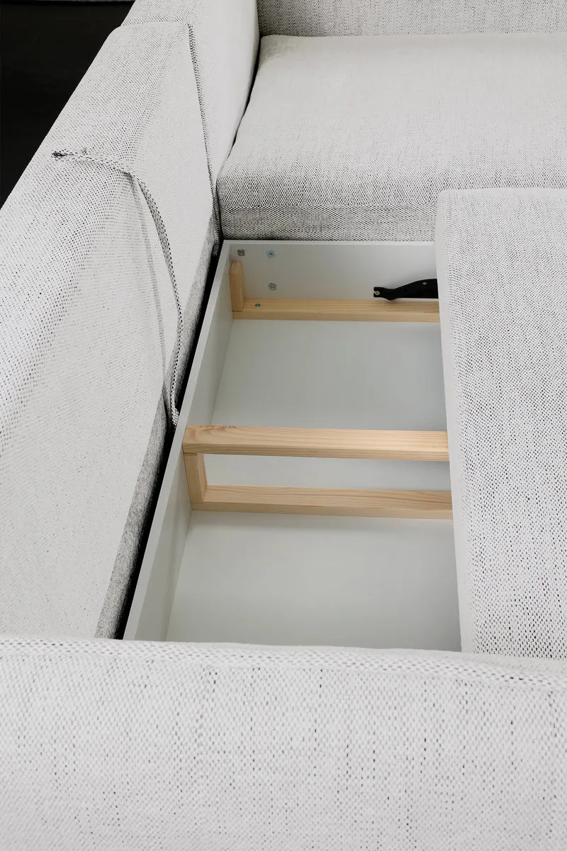 Ecksofa mit Schlaffunktion Oblivio Mini, L-förmig, rechtsseitig, mit Stauraum, weißes Geflecht