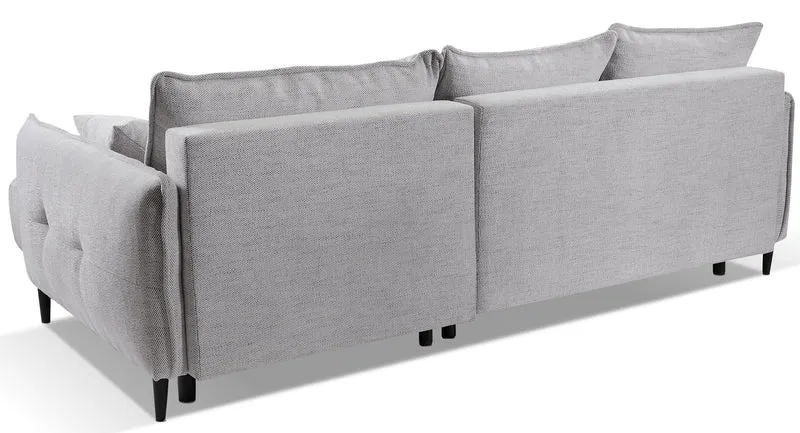 Ecksofa mit Schlaffunktion Oblivio Mini, L-förmig, rechtsseitig, mit Stauraum, hellgrauer Flechtstoff