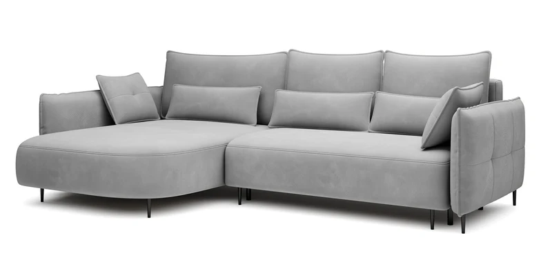 Ecksofa Oblivio mit Schlaffunktion, L-förmig, mit Stauraum, grauer Samt, linksseitig, wasserabweisend
