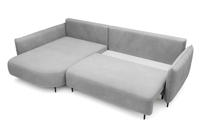 Ecksofa Oblivio mit Schlaffunktion, L-förmig, mit Stauraum, grauer Samt, linksseitig, wasserabweisend