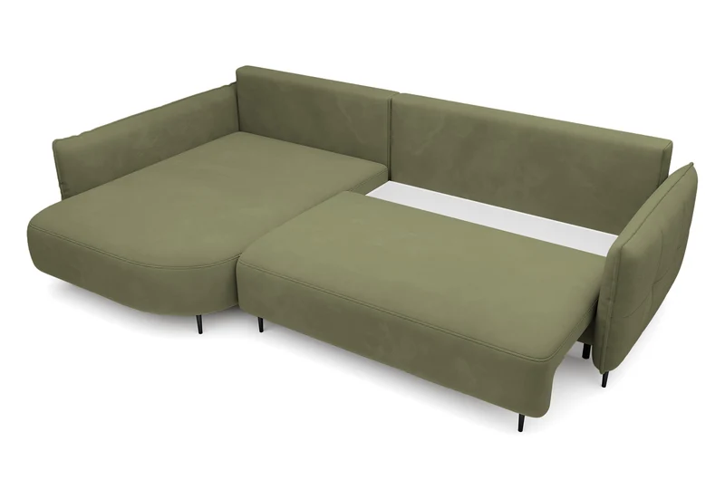 Ecksofa Oblivio mit Schlafunktion, L-förmig, mit Stauraum, olivgrüner Samt, linksseitig, wasserabweisend