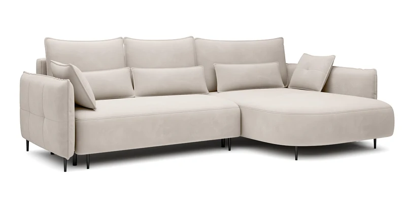 Ecksofa Oblivio mit Schlaffunktion, L-förmig, mit Stauraum, cremefarbener Samt, rechtsseitig, wasserabweisend