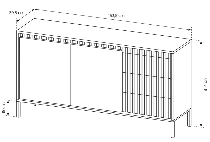 Zweiturige Kommode Falsetto mit gerillten Fronten und drei Schubladen, 154 cm, schwarz